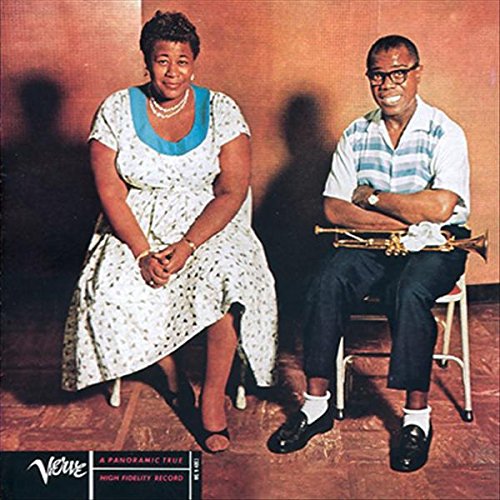 Ella Fitzgerald and Louis Armstrong seated, album cover, vintage style.