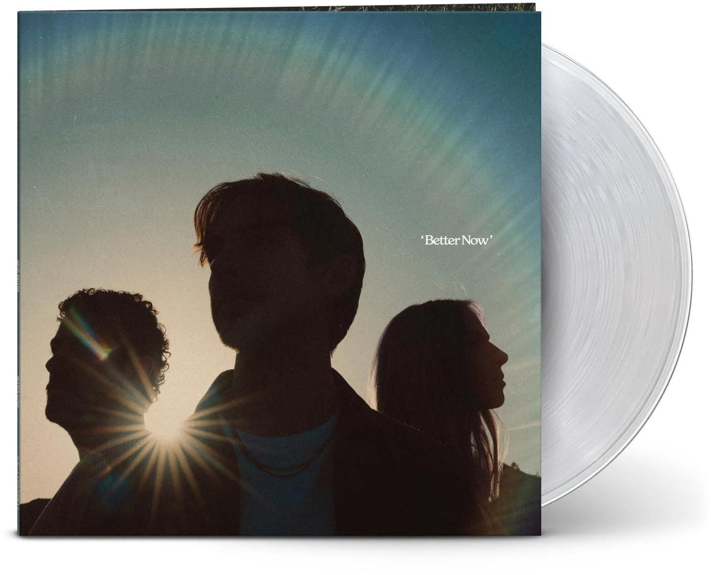 Vinyl record cover with silhouetted figures against a sunburst.