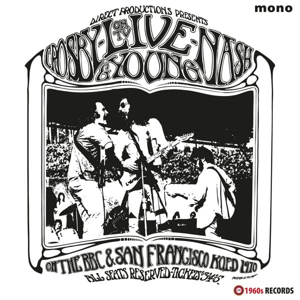 Crosby, Nash & Young album cover: black and white photo of musicians performing.