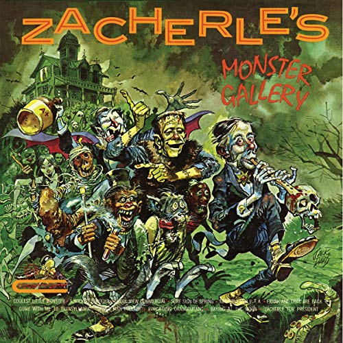 Album cover: cartoon monsters and a haunted house in spooky scenery.