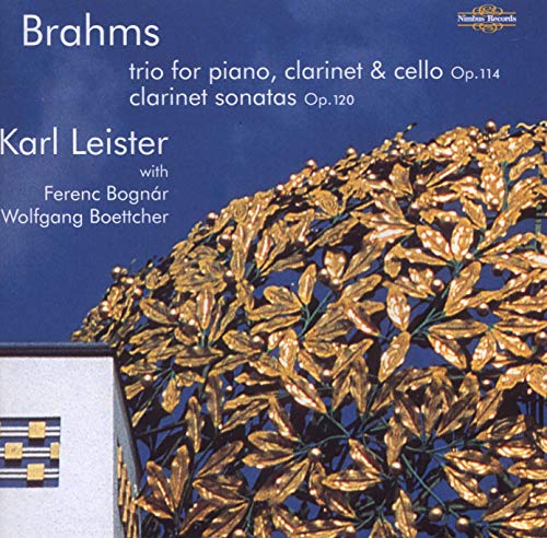 CD cover for Brahms’ clarinet works featuring golden foliage and architecture.