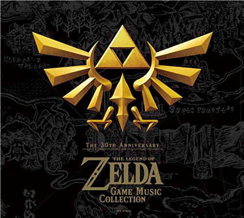 Gold Triforce symbol over a map for The Legend of Zelda 30th Anniversary CD.