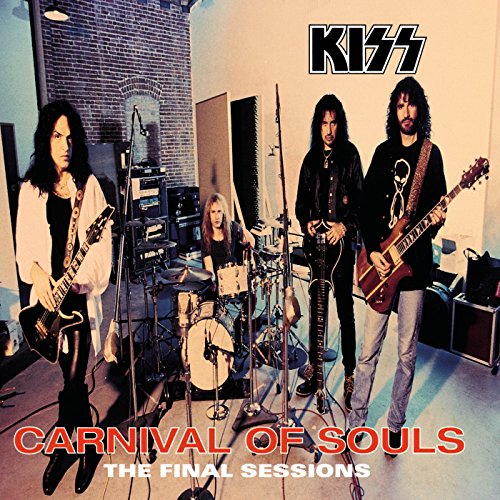 Kiss band members with instruments in a recording studio setting.
