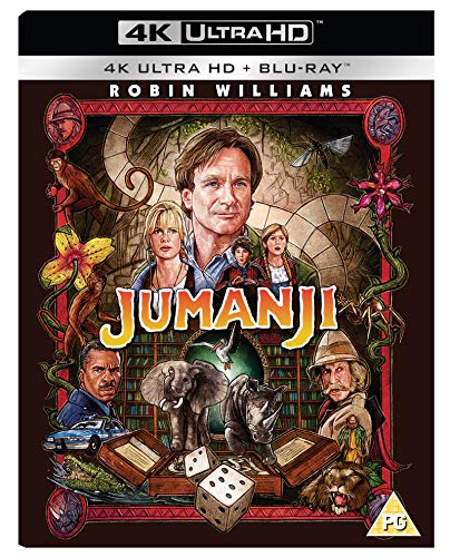 Jumanji 4K Ultra HD and Blu-ray cover featuring Robin Williams and jungle-themed illustrations.