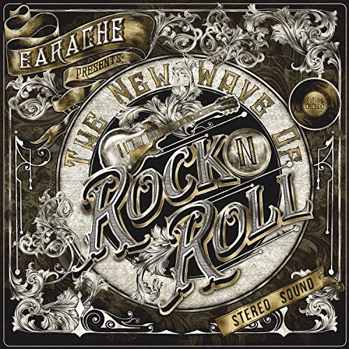 Vinyl record cover with ornate gold and black lettering, guitars, and flourishes.