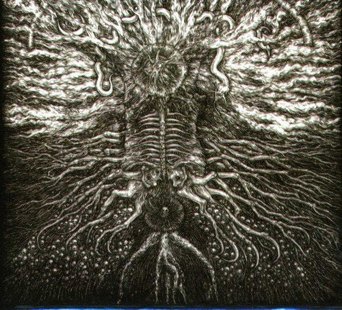 Black and white illustration of a monstrous, skeletal figure with swirling details.