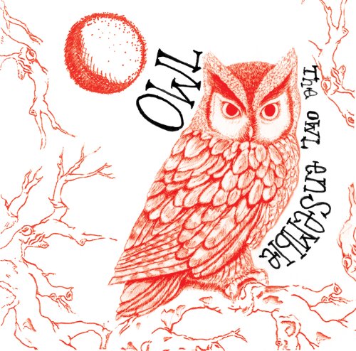 Red ink drawing of an owl perched on branches, with a full moon.