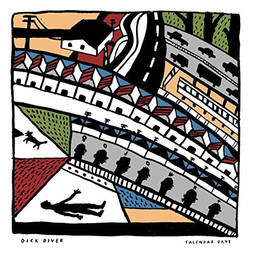 Abstract illustration of a city scene with figures and a dog.