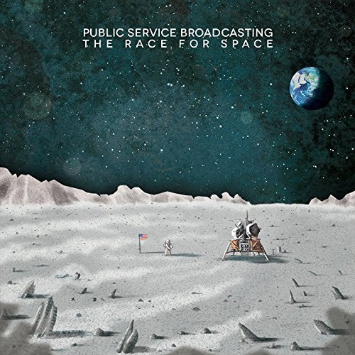 Album cover: lunar landscape with astronaut, lander, Earth, and stars.