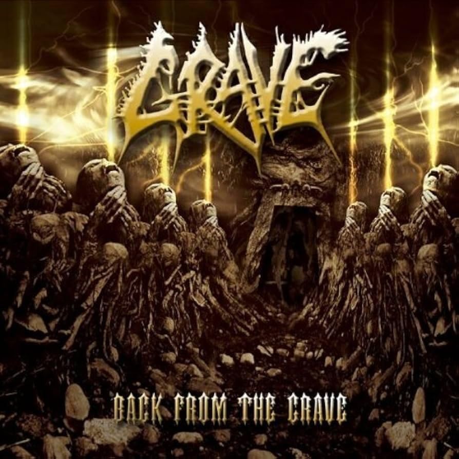 Album cover for Grave’s “Back From The Grave” featuring skeletal hands and a tomb.