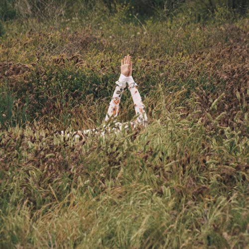 Person in a floral shirt with arms raised emerging from tall, wild grass.