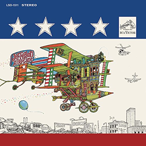 Jefferson Airplane album cover: colorful, illustrated biplane over a town.