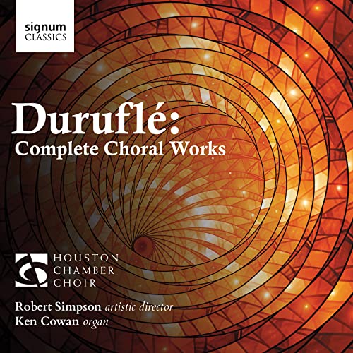 CD cover for Durufle’s choral works, featuring abstract orange and red spirals.
