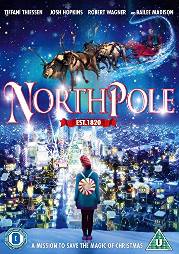 DVD cover for "Northpole" featuring Santa’s sleigh and a girl looking at a town.