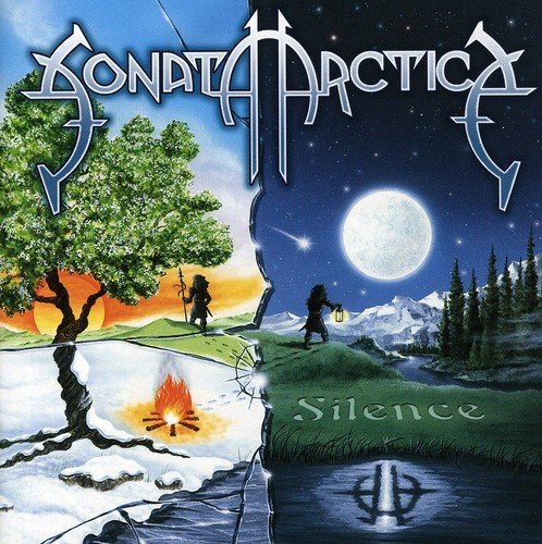 Sonata Arctica "Silence" album cover: snowy and green landscape with figures.