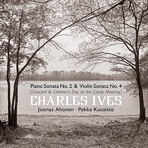 CD cover for Charles Ives sonatas, featuring trees framing a lakeside scene.