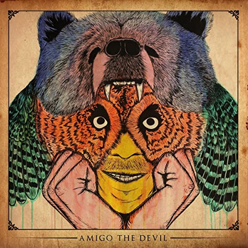 Bear head with an owl face inside its mouth, album artwork.