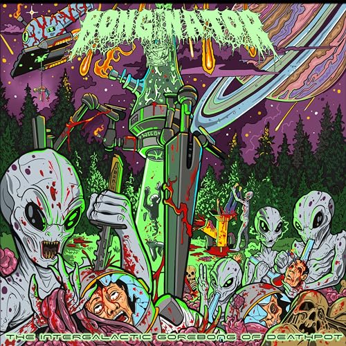 Album cover depicting aliens, gore, and a spaceship in a vibrant, chaotic scene.