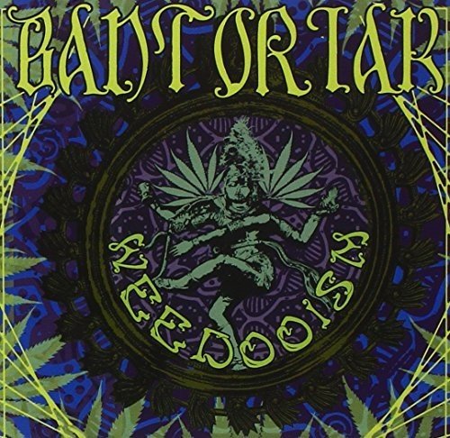 CD cover with ornate lettering, cannabis leaves, and a central deity image.