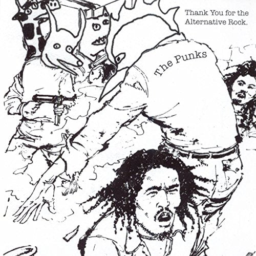 Black and white sketch of figures with text “Thank You for the Alternative Rock.”