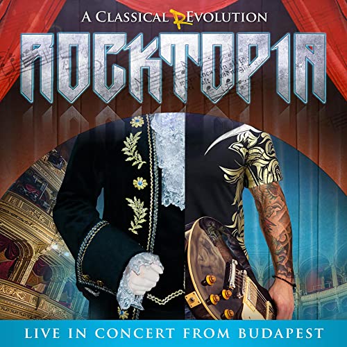 CD cover: Rocktopia, a man in a suit with a guitar.