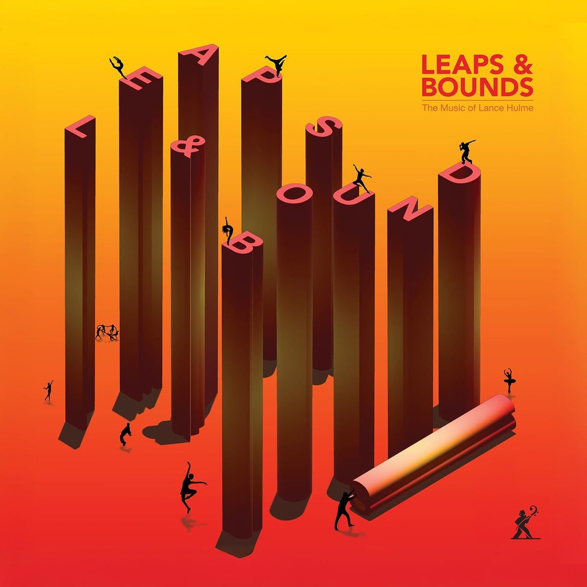 Album cover with abstract red and orange geometric shapes and tiny figures.
