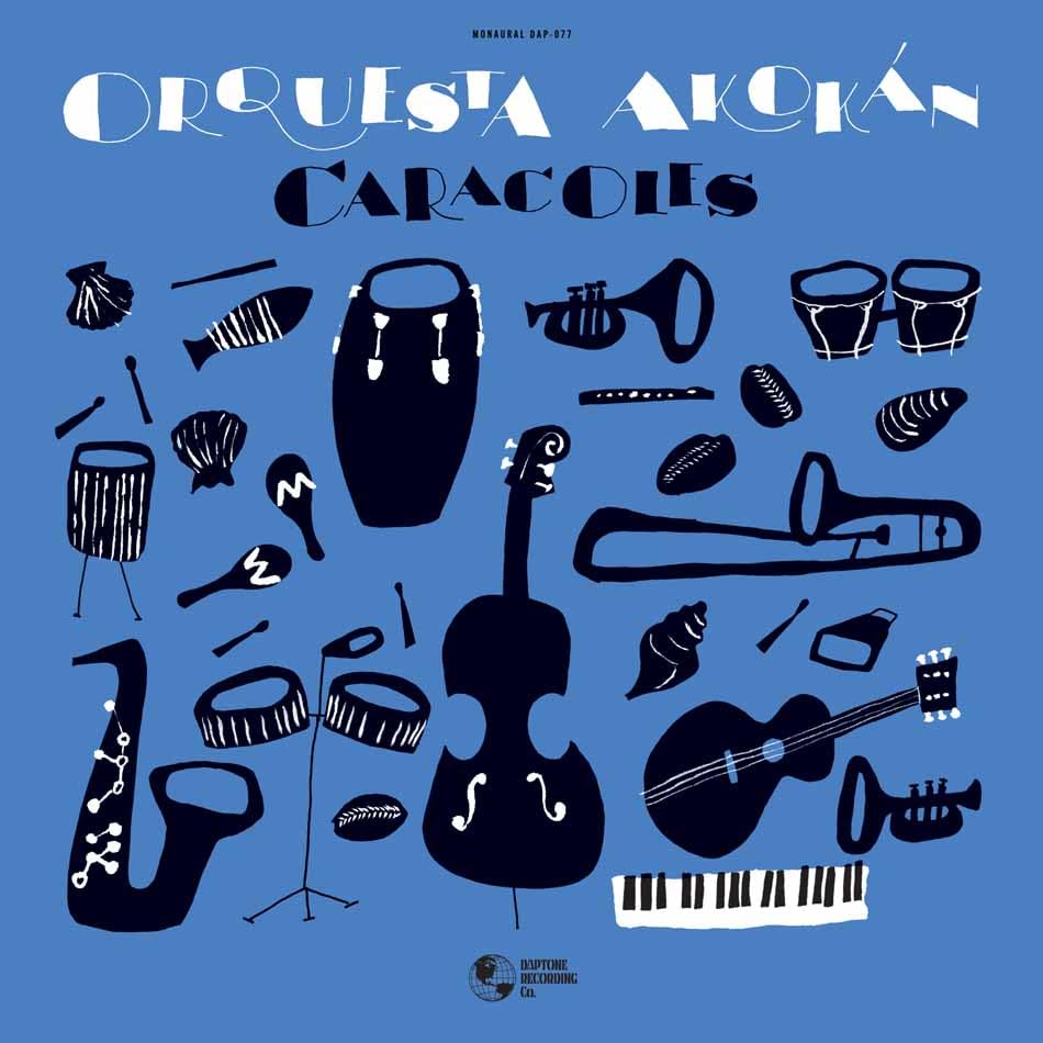 Album cover for Orquesta Akokan’s “Caracoles” featuring illustrated musical instruments.