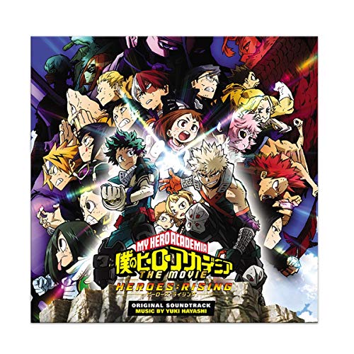 My Hero Academia Heroes Rising soundtrack cover featuring various anime characters in action.