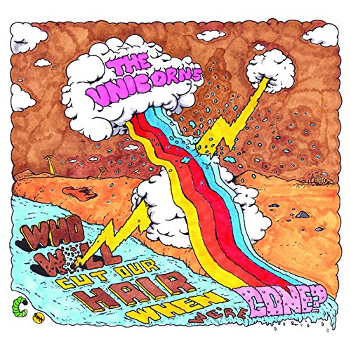 Album cover with clouds, lightning, rainbow, and text: "The Unicorns - Who Will Cut Our Hair?".