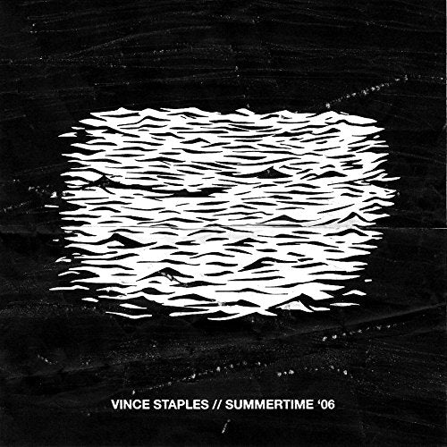 Black album cover with white, wavy water illustration and text below.