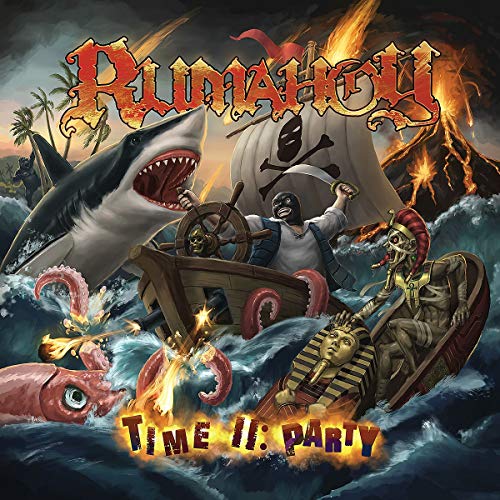 CD cover: pirates, shark, volcano, and sea monsters in a chaotic scene.