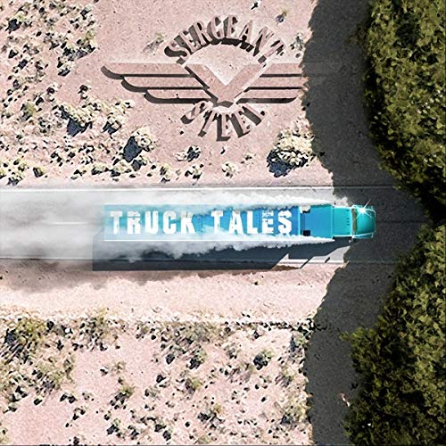 CD cover: blue truck speeding on a desert road, aerial view.