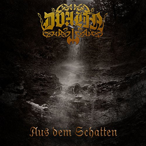 Dark album cover for "Dvalin - Aus dem Schatten" with waterfall imagery.