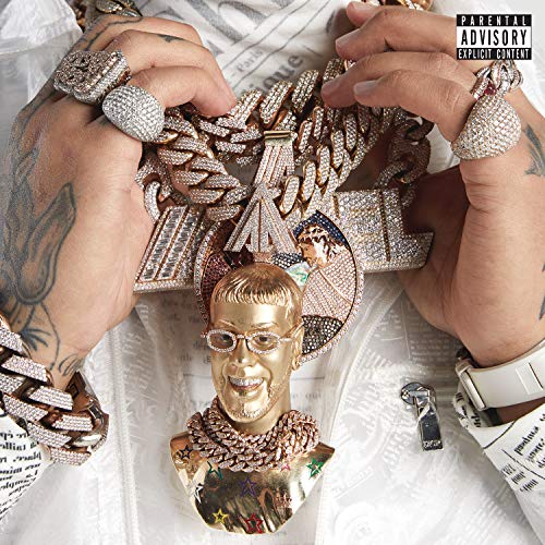 Anuel AA album cover featuring artist wearing diamond jewelry and glasses.