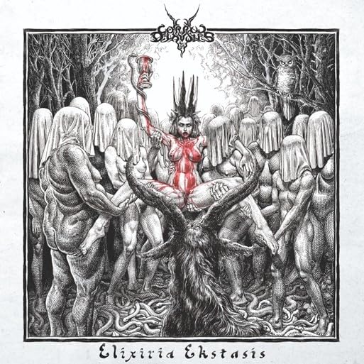 Detailed black and white illustration of a ritualistic scene with figures and a horned beast.