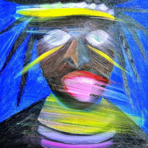 Abstract portrait of a person with dreadlocks, painted in bold blues and yellows.