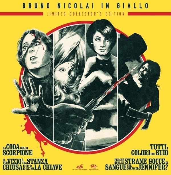 Vintage giallo film poster with distressed images of women and blood splatter.