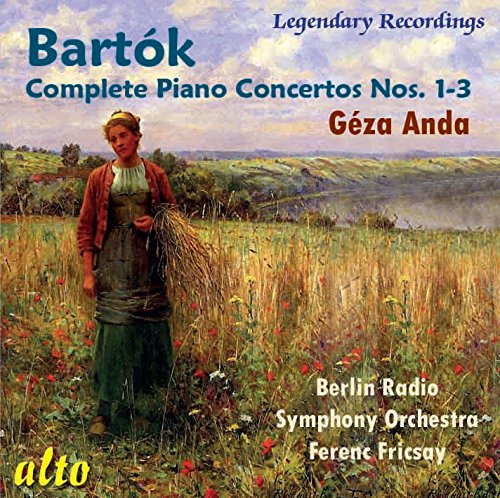 CD cover featuring a woman in a field with text for Bartók piano concertos.