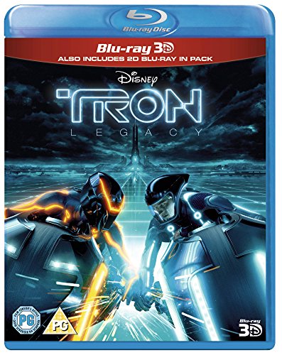 Tron Legacy" Blu-ray cover featuring two figures on light cycles racing forward.