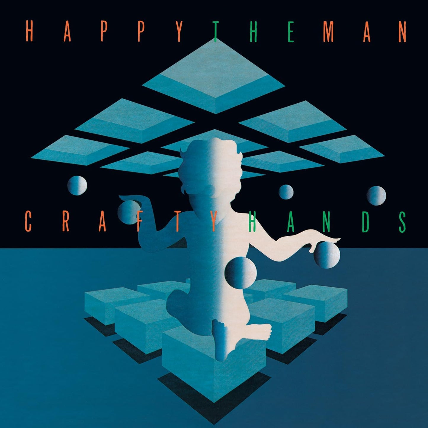 Album cover for “Happy The Man” featuring abstract blue and pink shapes.