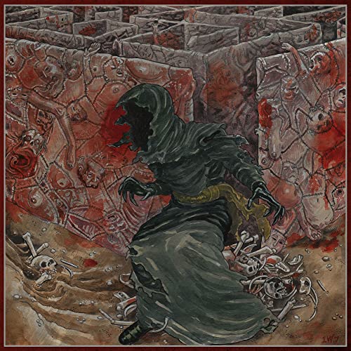 Dark hooded figure amidst a stone labyrinth and scattered bones.