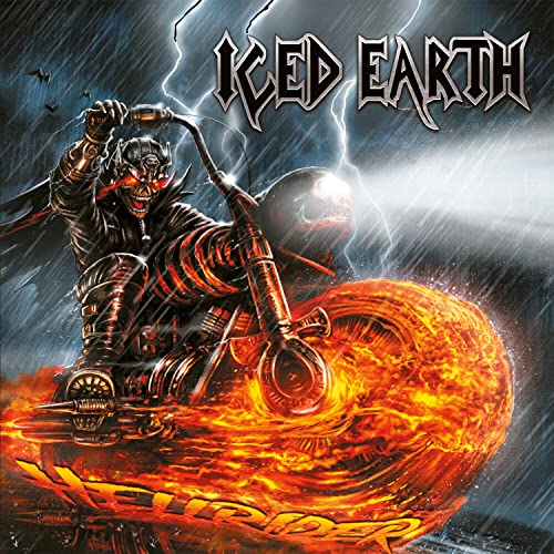 Album cover: skeletal figure riding a flaming motorcycle in a storm.