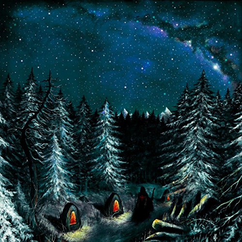 Dark forest and starry night sky with glowing stone structures.