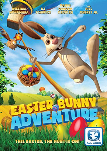 Animated rabbit holding a basket of eggs while flying in a hot air balloon.