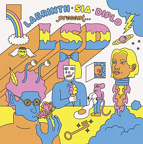 Colorful illustrated album cover for LSD featuring Labrinth, Sia, and Diplo.