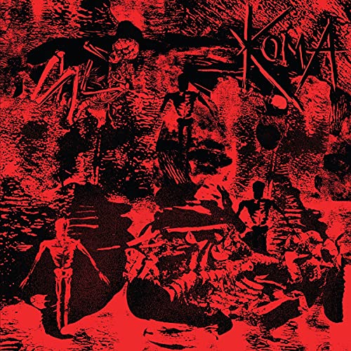 Red album cover with black illustrations of skeletons and abstract shapes, bold text.