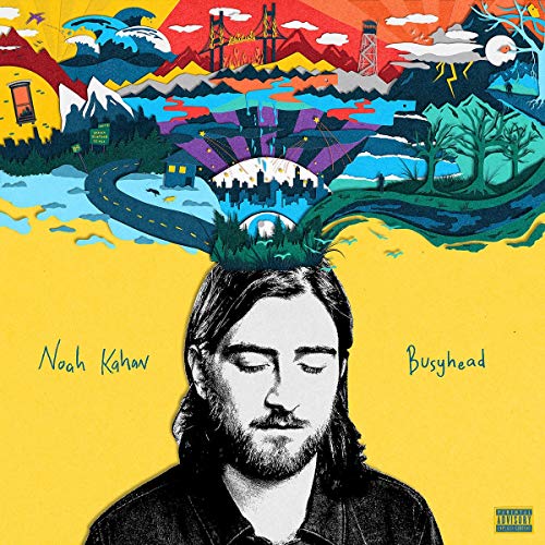 Noah Kahan's "Busyhead" vinyl cover: portrait with colorful, surreal landscape.