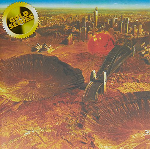 Album cover: surreal desert landscape with city skyline and red sun.
