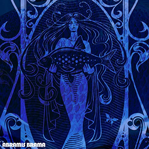 Blue Art Nouveau style illustration of a woman holding a fish.