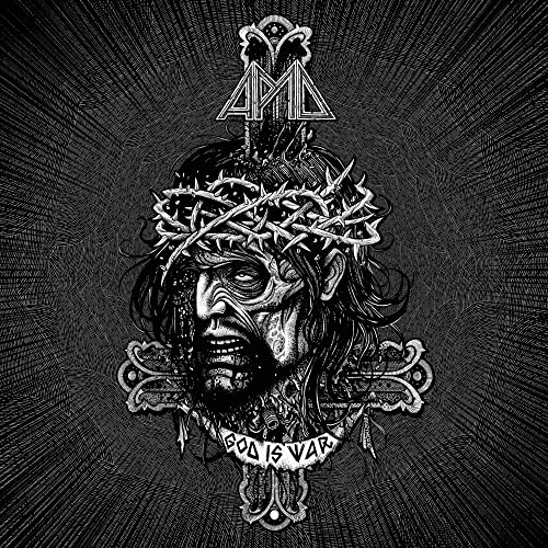 Black and white illustration of a crowned, distressed face on a cross.